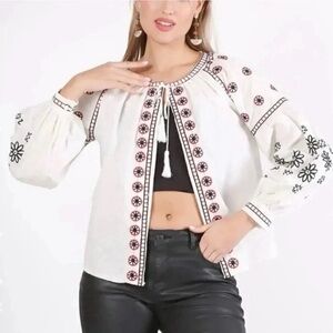 NWT Anthropologie RD & Koko Embroidered Puff Sleeve Tie-front Blouse Jacket M